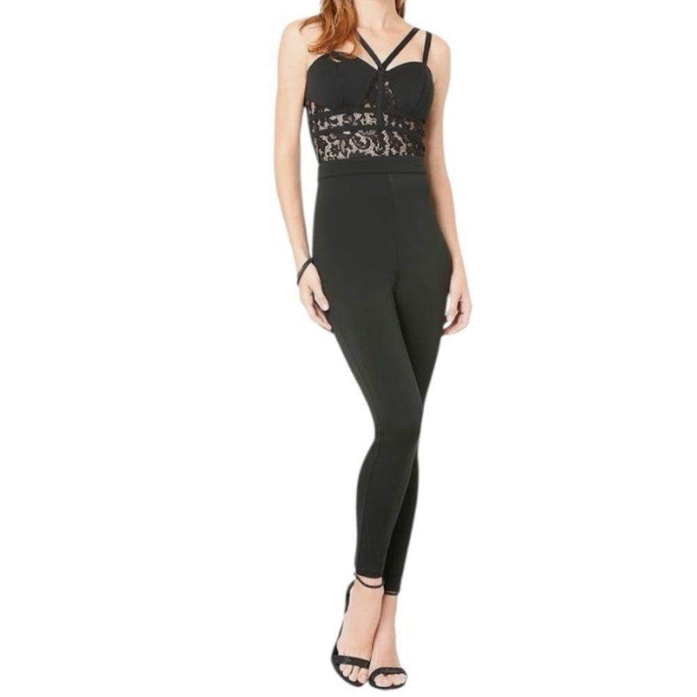 bebe Black Spaghetti Strap Sheer Lace Detail Bralette Catsuit Jumpsuit